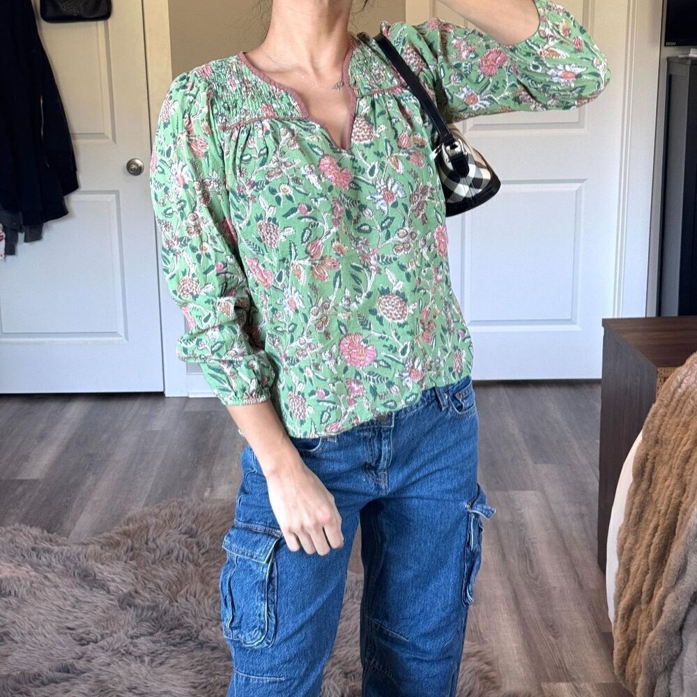 Xirena Emryn Jade Green Floral Blouse XS Boho Peasant Top Cottagecore Feminine